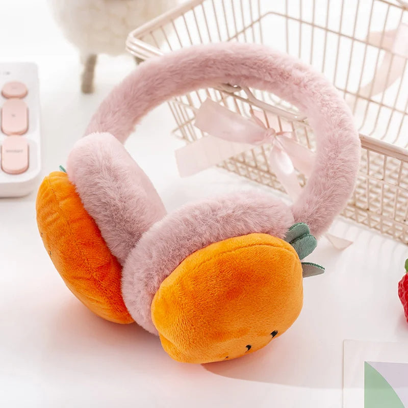 Orange fruit winter earmuffs for kids with soft plush padding