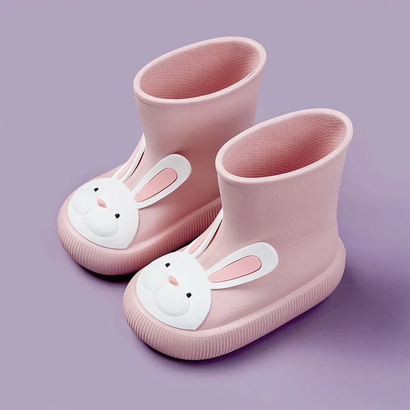Pink bunny rain boots for kids with waterproof design