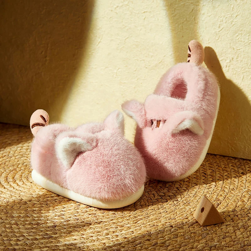 Pink cat fluffy slippers for kids with soft plush lining