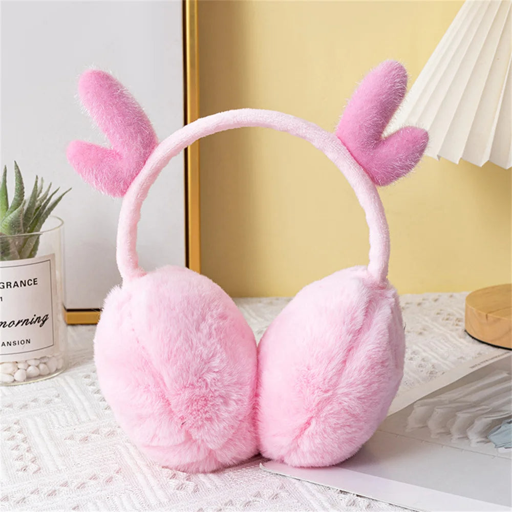 Pink deer ear muffs for women with soft plush padding