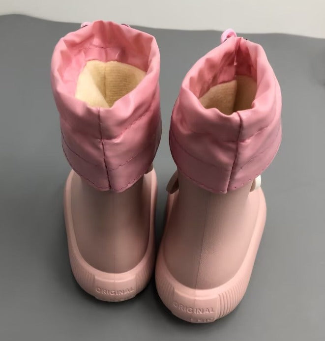 Pink kids rain boots with removable fleece liner – back view