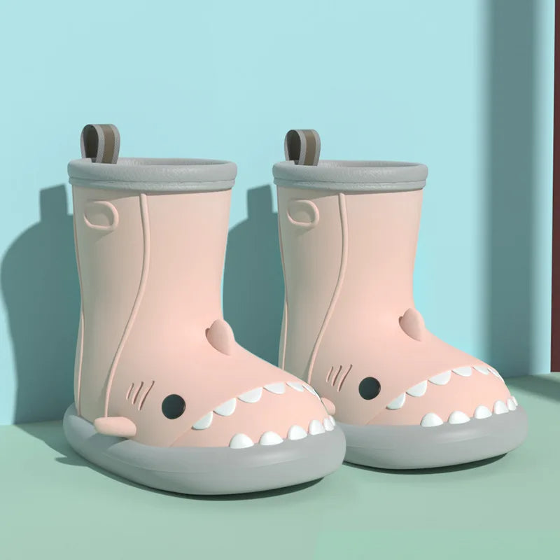 Pink shark rain boots for kids with waterproof design
