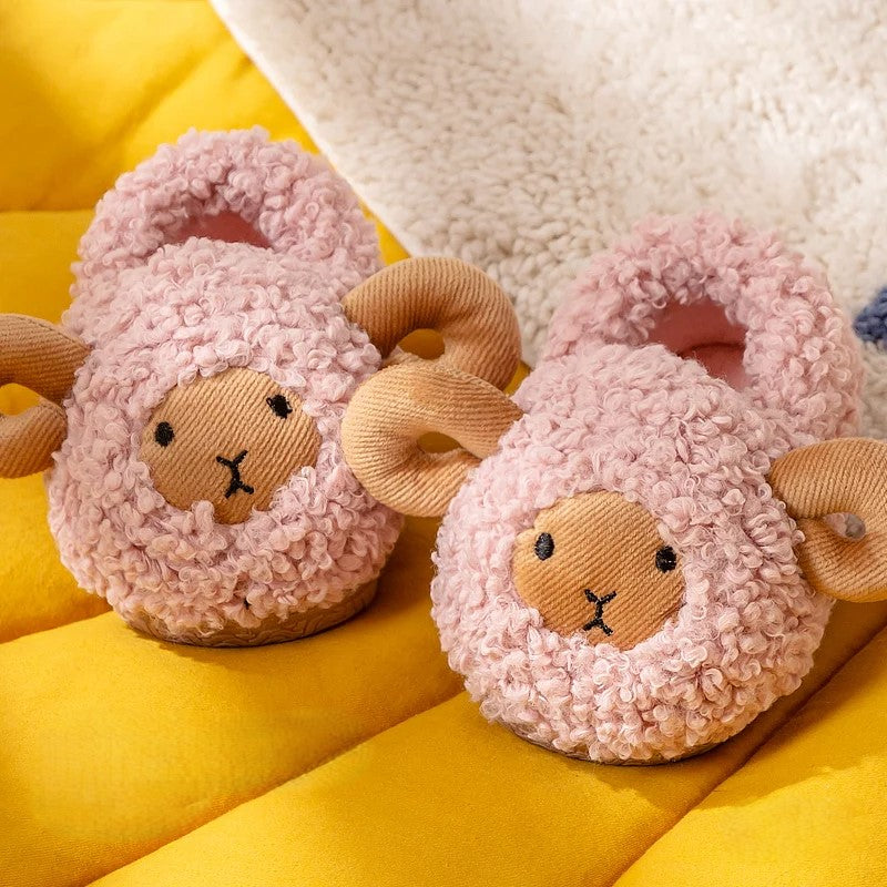 Pink sheep fluffy slippers for kids with soft plush lining