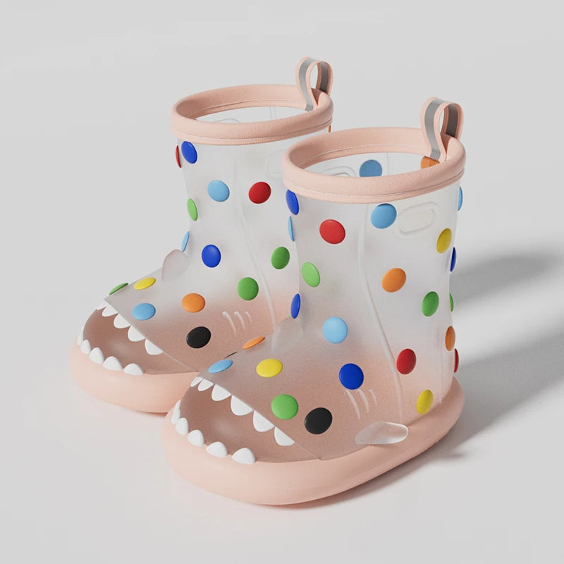 Pink transparent shark rain boots for kids with colorful polka dots