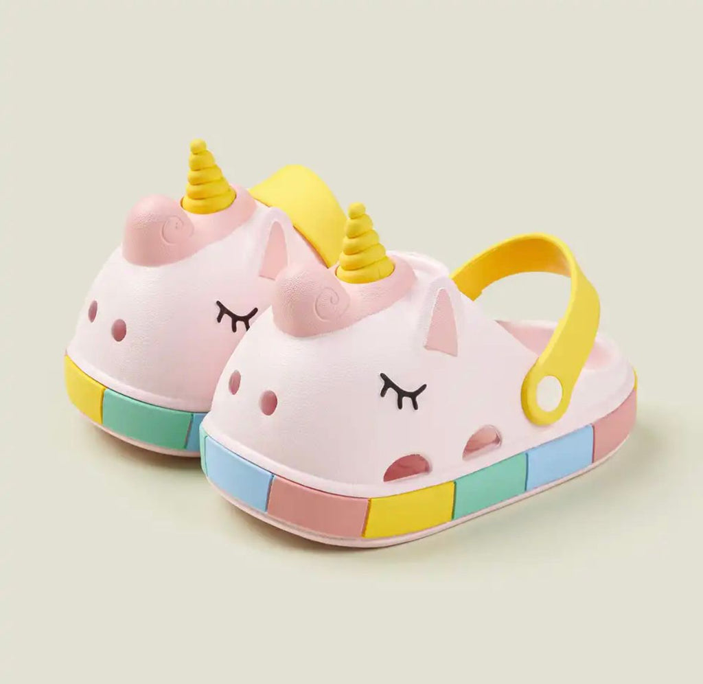 Pink unicorn sandals for kids with closed-toe design