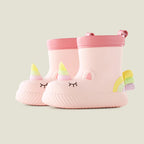 Pink waterproof unicorn rain boots for kids with non-slip sole