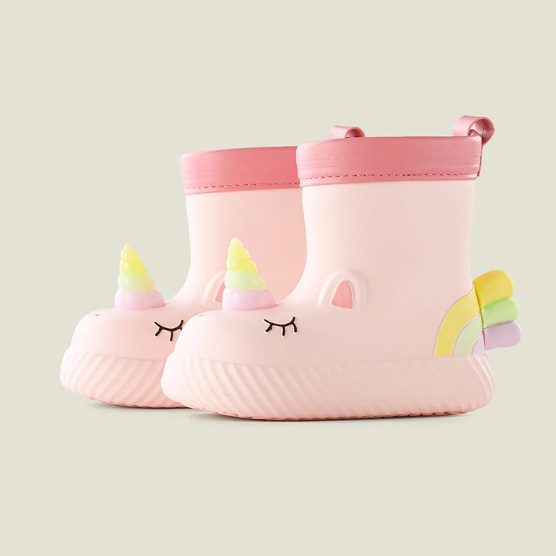 Pink waterproof unicorn rain boots for kids with non-slip sole