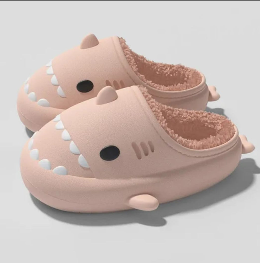 Pink winter shark clogs for adults with warm plush lining