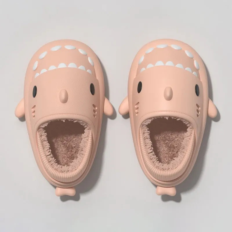Pink winter shark clogs for kids with soft plush lining