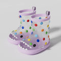 Purple transparent shark rain boots for kids with colorful polka dots