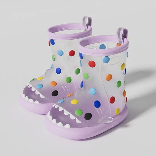 Purple transparent shark rain boots for kids with colorful polka dots