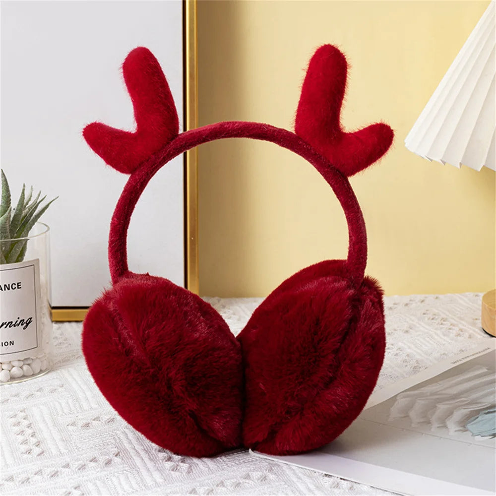 Red deer ear muffs for women with soft plush padding