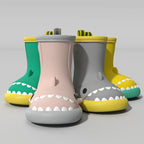 Shark rain boots for kids in green, gray, pink and yellow