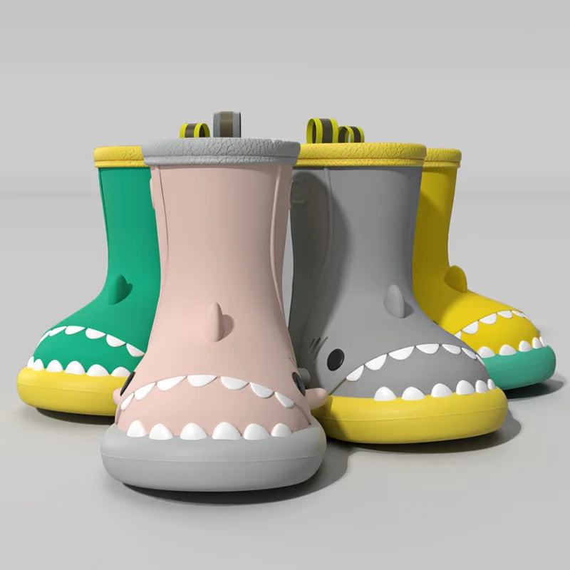 Shark rain boots for kids in green, gray, pink and yellow