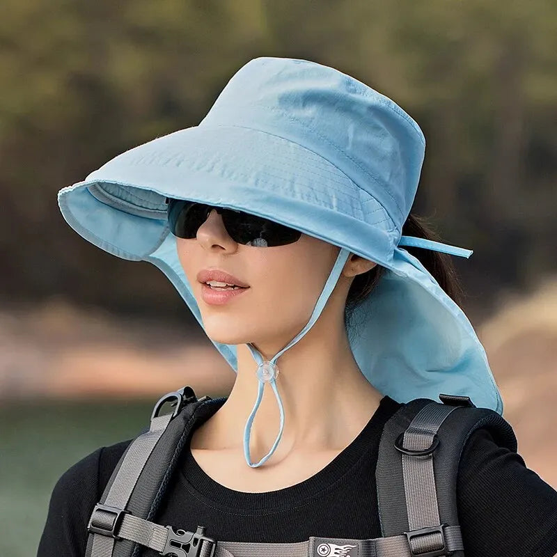 Turquoise wide brim sun hat with neck flap