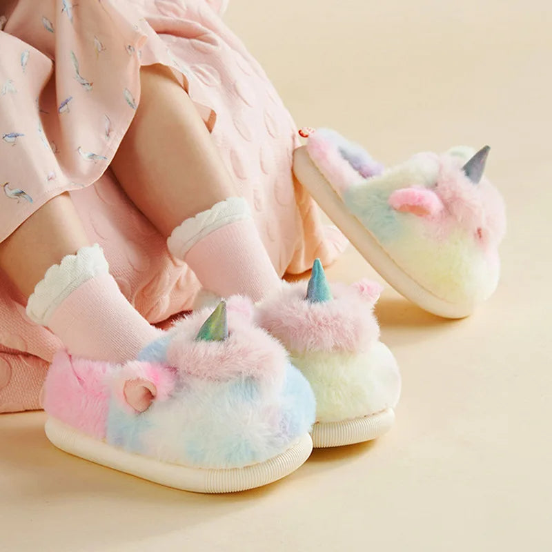 Unicorn fluffy slippers for kids with soft plush texture and EVA sole