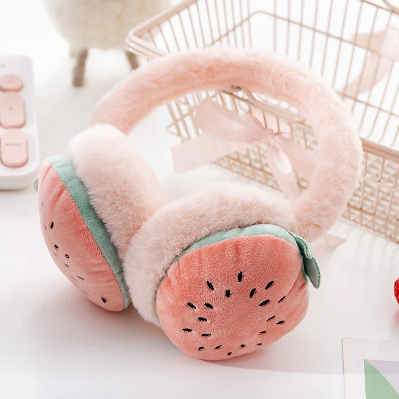Watermelon winter earmuffs for kids with soft plush padding