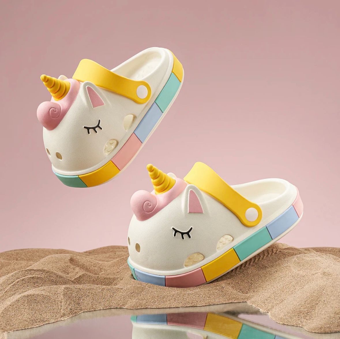 White unicorn sandals for kids with colorful details – side view