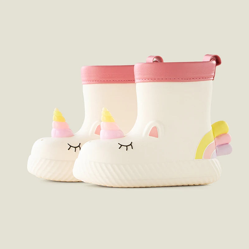 White waterproof unicorn rain boots for kids with non-slip sole