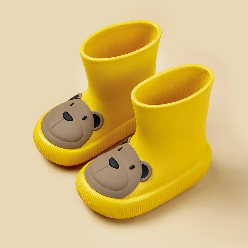 Yellow bear rain boots for kids with non-slip sole