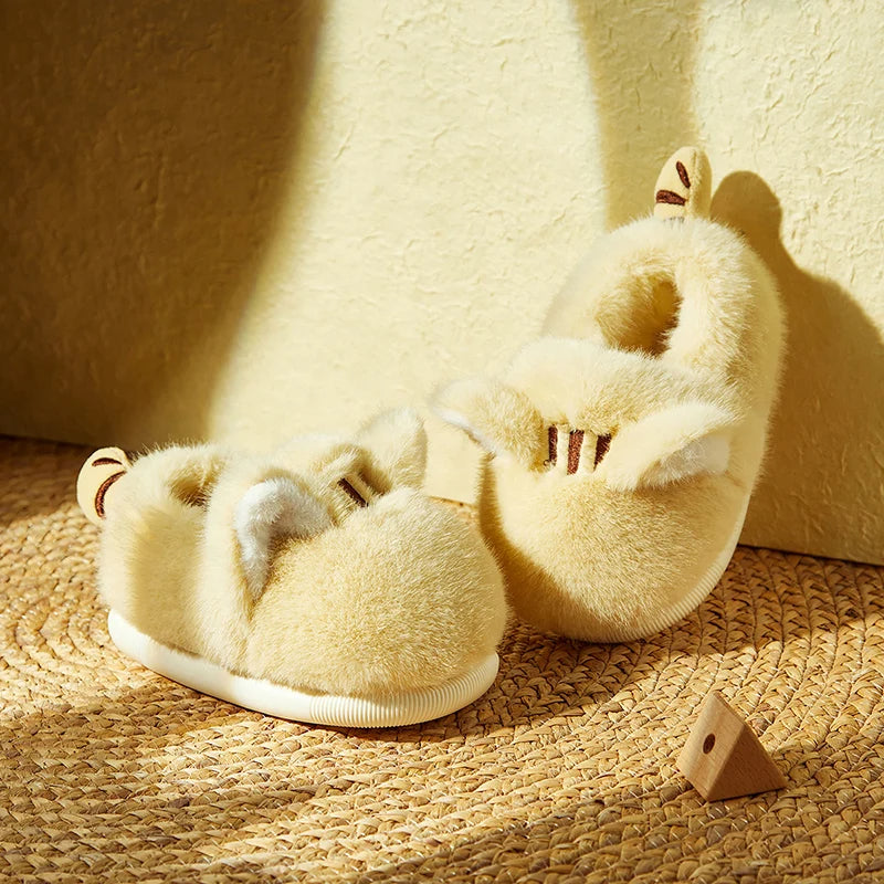 Yellow cat fluffy slippers for kids with soft plush lining