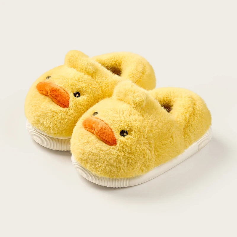 Yellow chick fluffy slippers for kids with soft plush lining