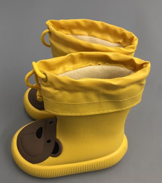 Yellow kids rain boots with detachable fleece liner detail