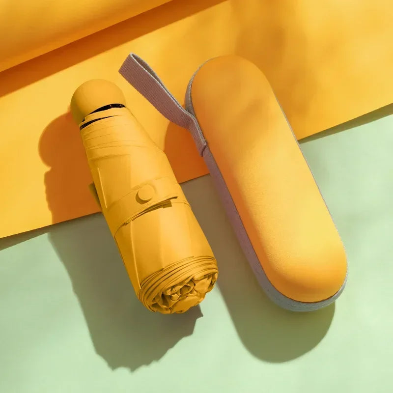 Yellow mini capsule umbrella with compact carrying case