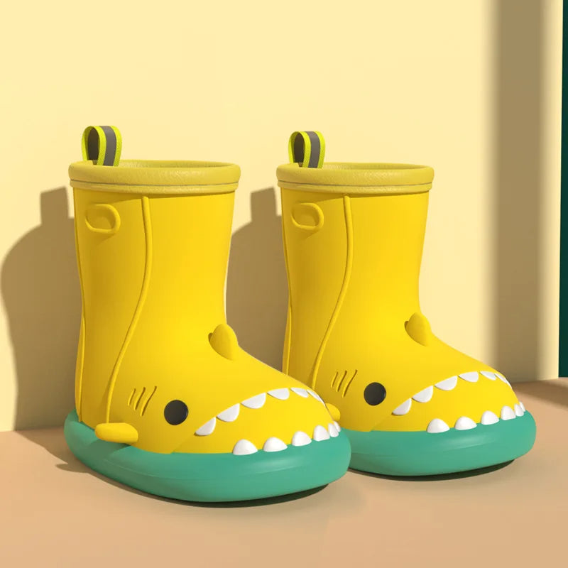 Yellow shark rain boots for kids with non-slip sole