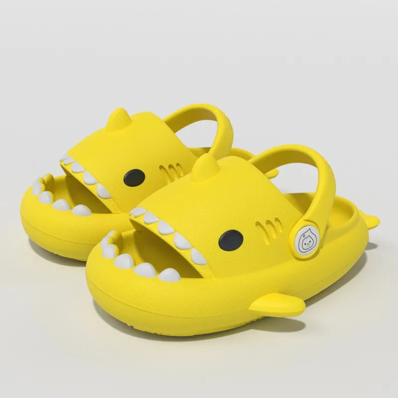 Yellow 2-in-1 shark sandals for kids with adjustable back strap