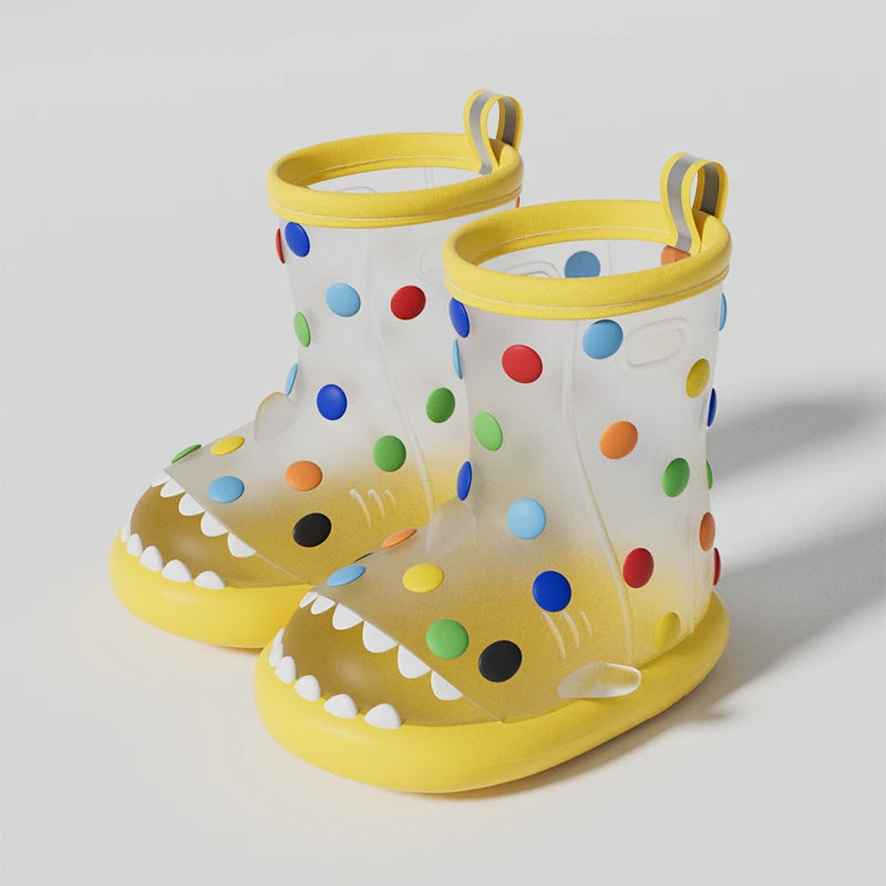 Yellow transparent shark rain boots for kids with colorful polka dots