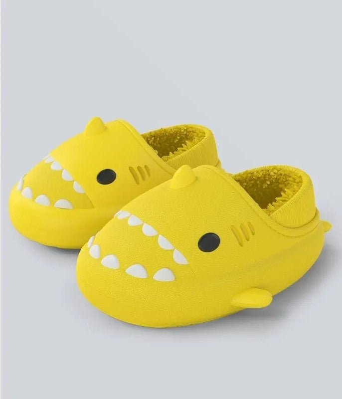 Yellow winter shark clogs for kids with warm plush lining